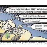 Two cartoon characters talking. One is planting flowers.